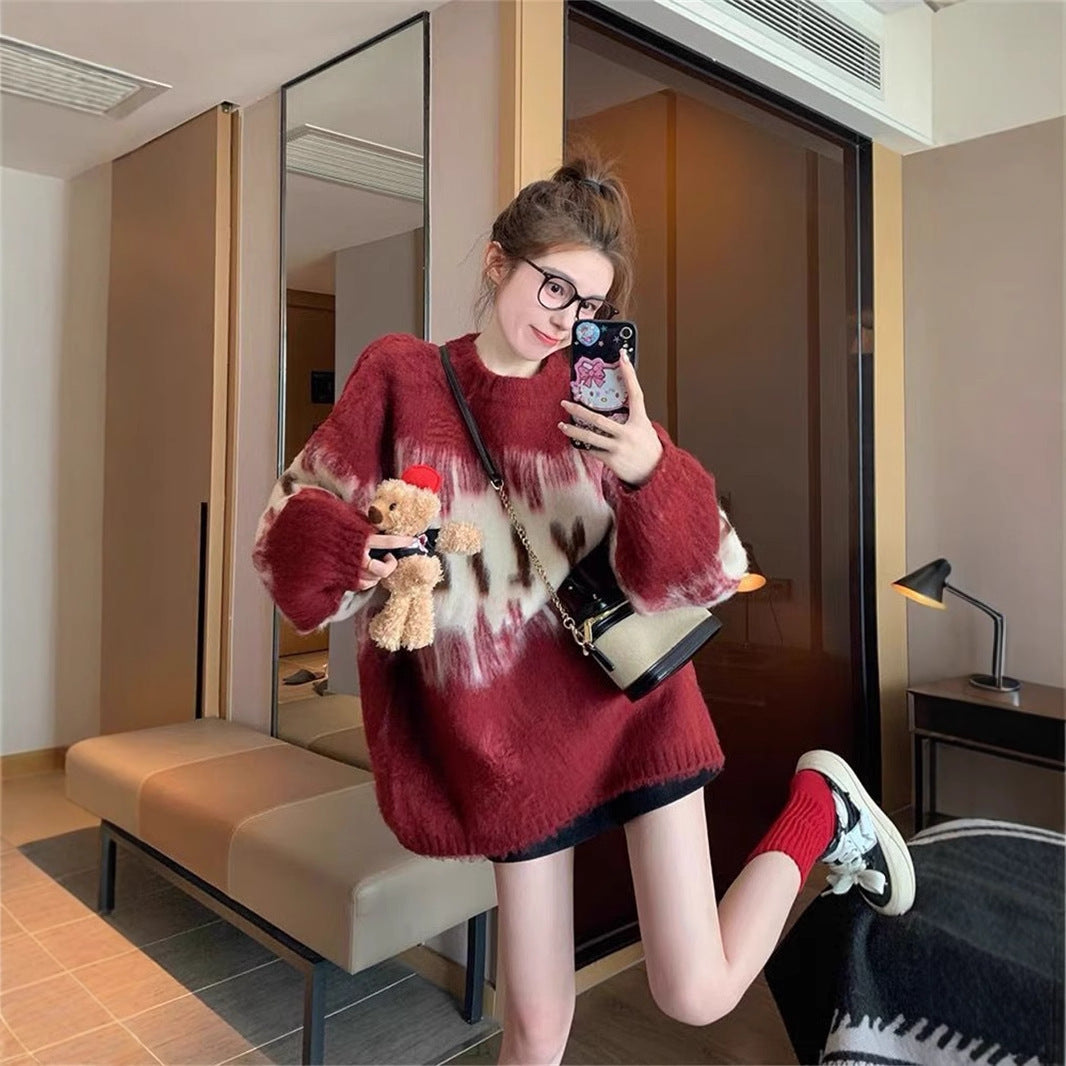 Loose And Lazy Style Thickened Red Sweater