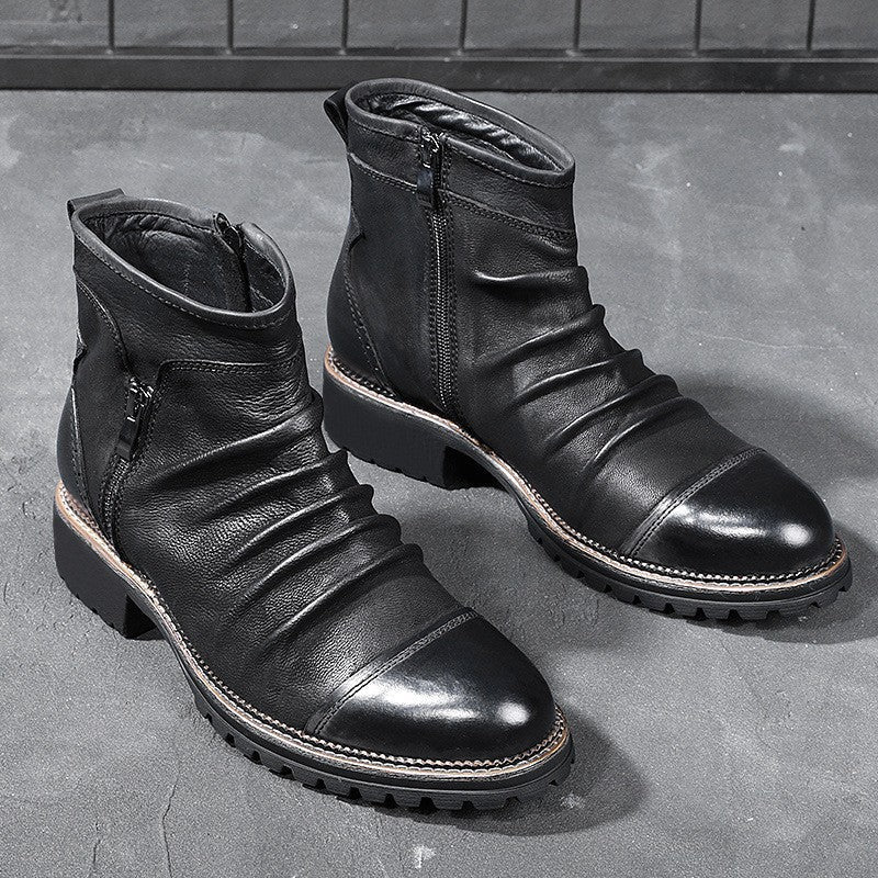 Retro Round Toe PU Leather Side Zipper Martin Chunky Heel Ankle Boots (Available)
