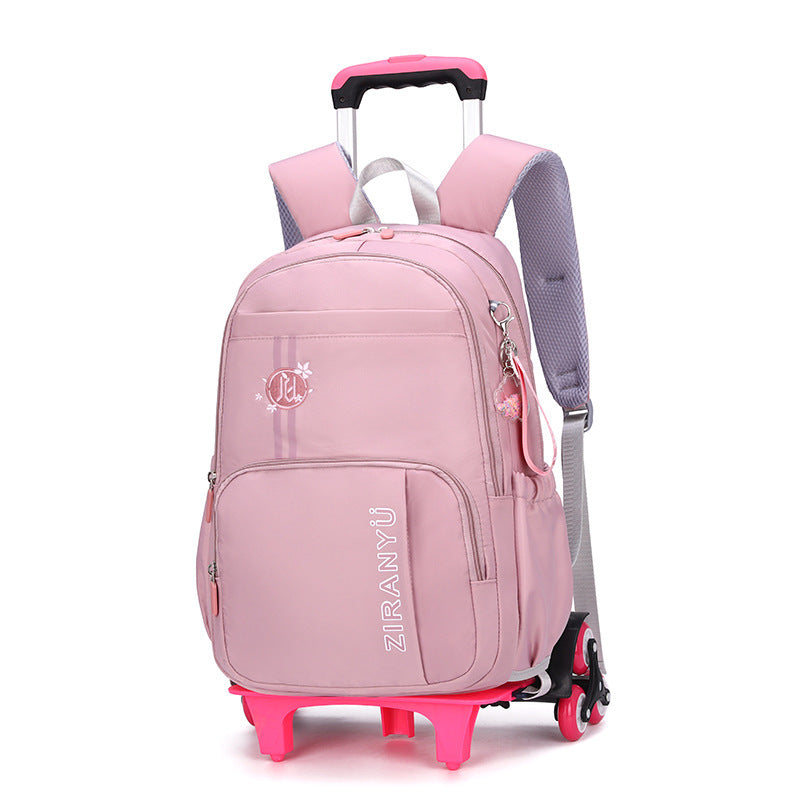 Kids rolling school backpack with detachable 6-wheel trolley, waterproof nylon, spacious compartments, and adjustable shoulder straps for school and travel