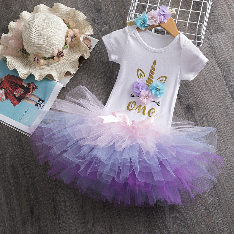 Girls' Birthday Dress Short SLeeved Top And Color Skirt And Accessories Three-piece Children's Wear