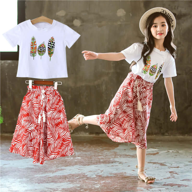 Girls Korean Pants Set Bangladesh Leaf Print - Small China Town