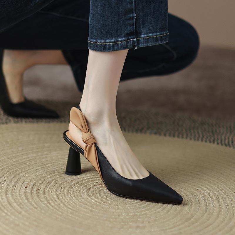 Bow Pointed French High Heel Shoes Chunky Heel Pumps