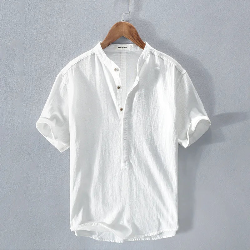 Loose Oversized Cotton Linen Short-sleeved Men's T-shirt Collar Buckled Half-open Shirt Korean Fashion Men Clothing 2020 New(Available)