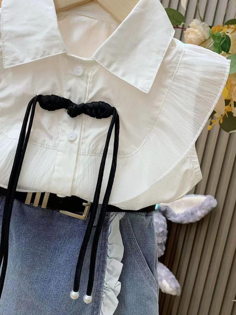 Girls princess style suit summer new baby girl flying sleeve shirt + denim lace skirt pants two-piece suit (Available)