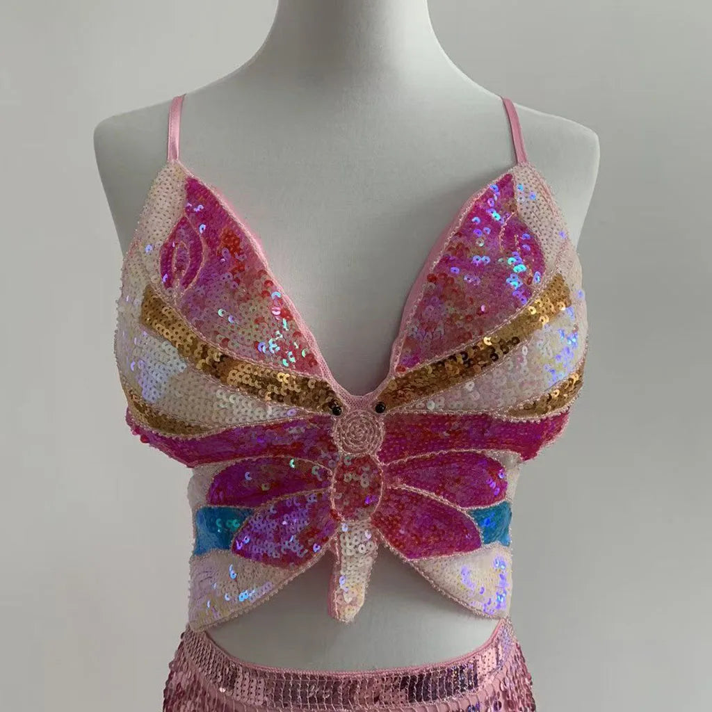Sequin Tie up Vest Dance Party Sequin Backless Top Women's Fashion Personality Suspender Design Beautiful Back Style
