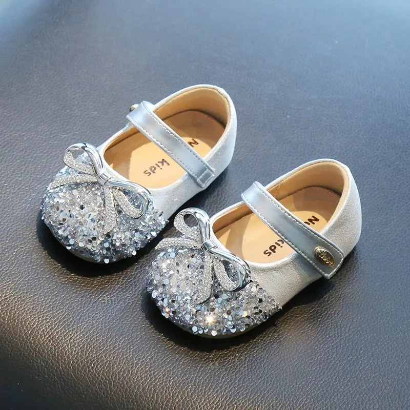 Bling Sequine Flats Shoes For Kids Princess Gold Silver Bowtie Dress Shoes For Toddler Girls Spring Autumn Causal Baby Walkers (Available)