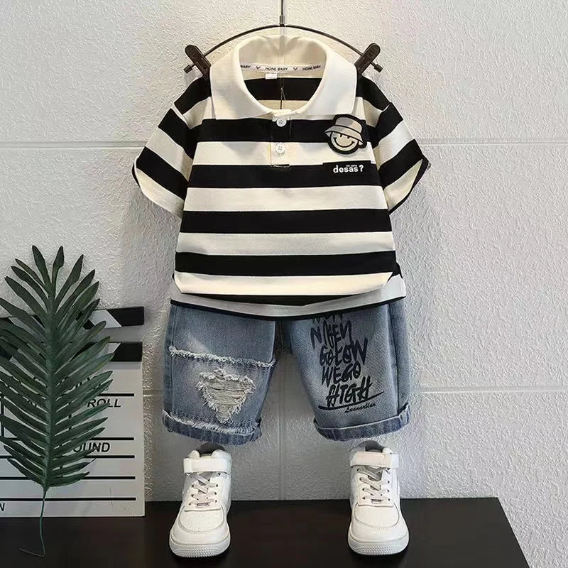 New Boutique Outfits Striped Turn-down Collar T-shirts Tops+Shorts 2PCS Korean Fashion Kids Golf Sport Clothing