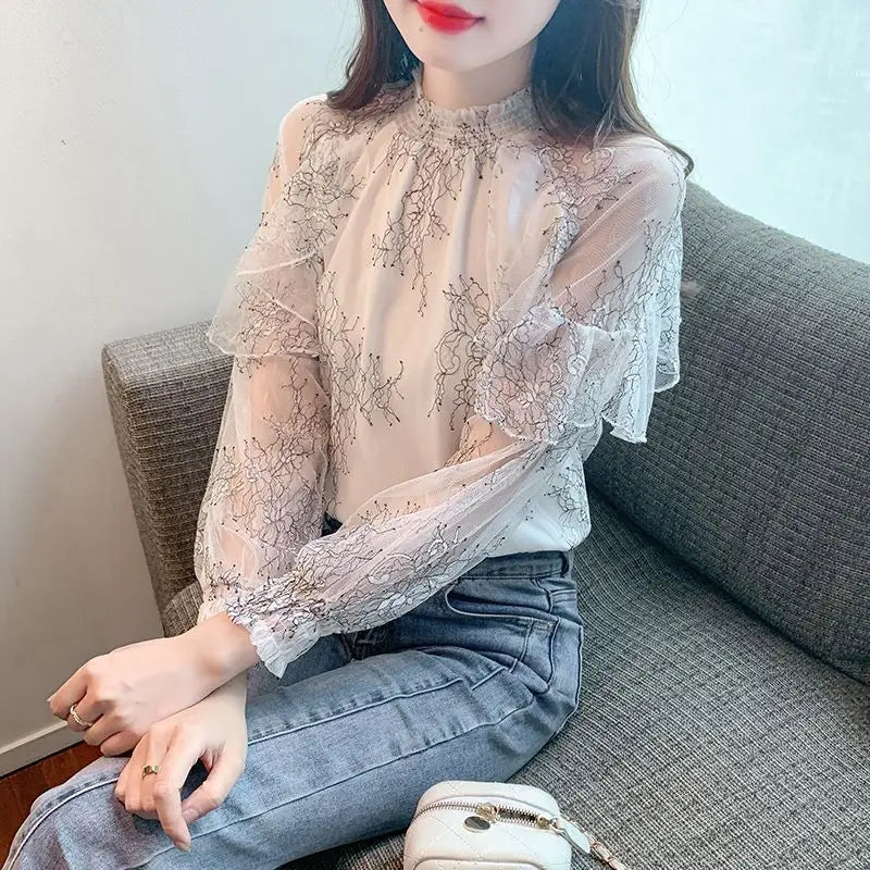 Chiffon Women's Shirt and Blouse Lace Flowers Luxury Designer Youthful Woman Clothes Vintage Clothing Female Tops Trend 2025 New