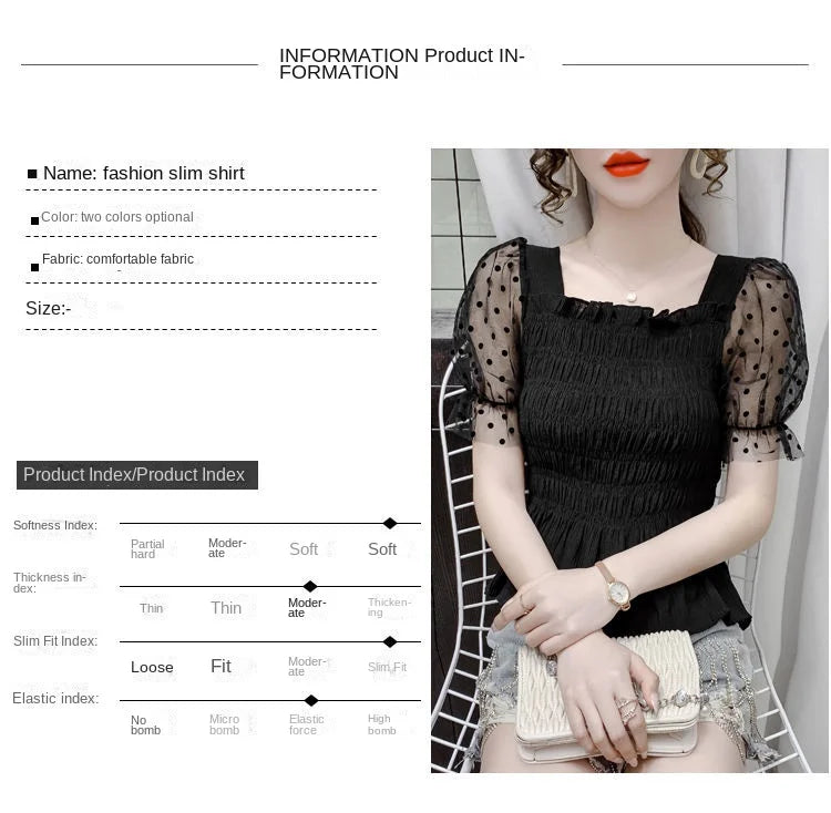 Summer patchwork mesh polka dot short sleeve chiffon blouse women's new stylish bubble sleeve top