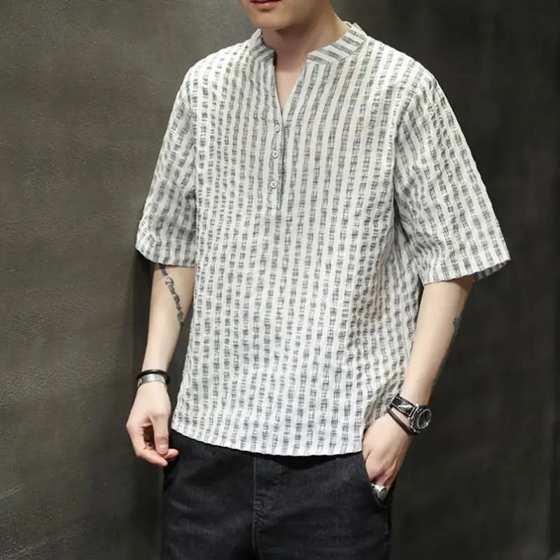 Men's Light Blue Denim Shirt Oversized Short Sleeve Button-Down Casual Top(Available)