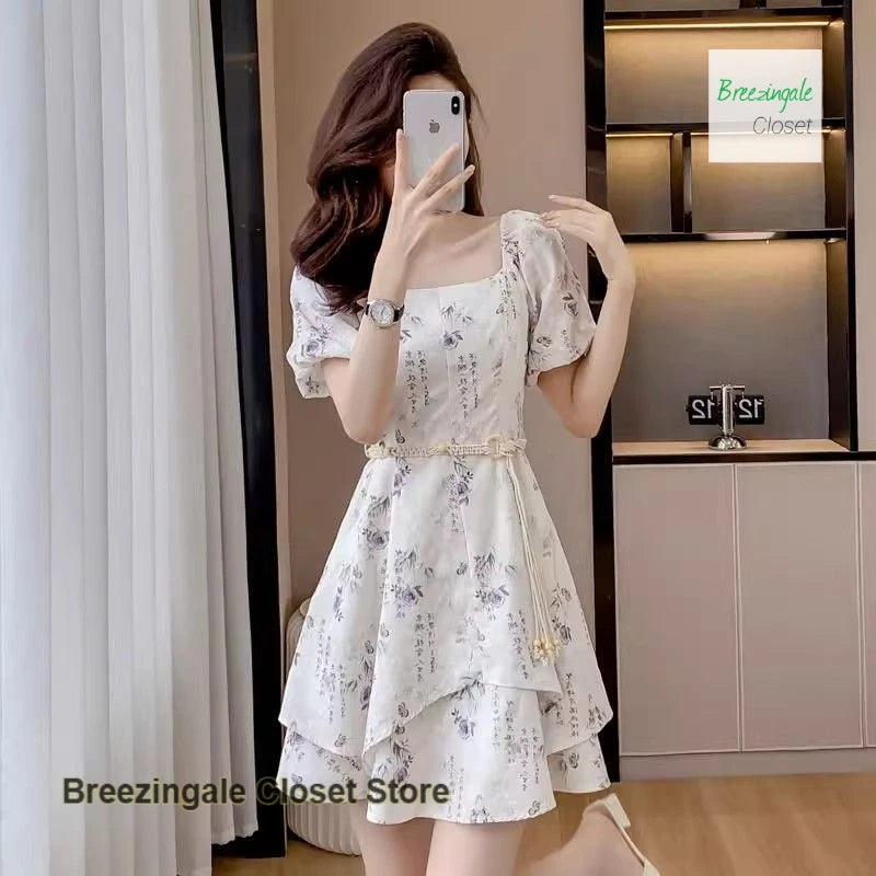 Summer new ink-and-wash square collar dress female new Chinese casual bubble short-sleeved fairy skirt retro waist A-line skirt