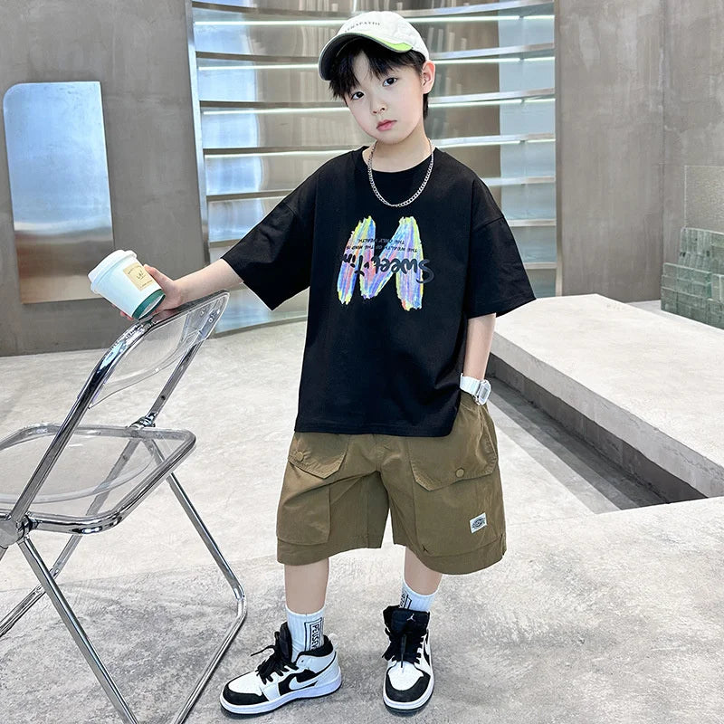 Clothing Sets Big Children Short-sleeved Top+Shorts Suits Teenager T-shirt Loose Sports 2Pcs Outfits