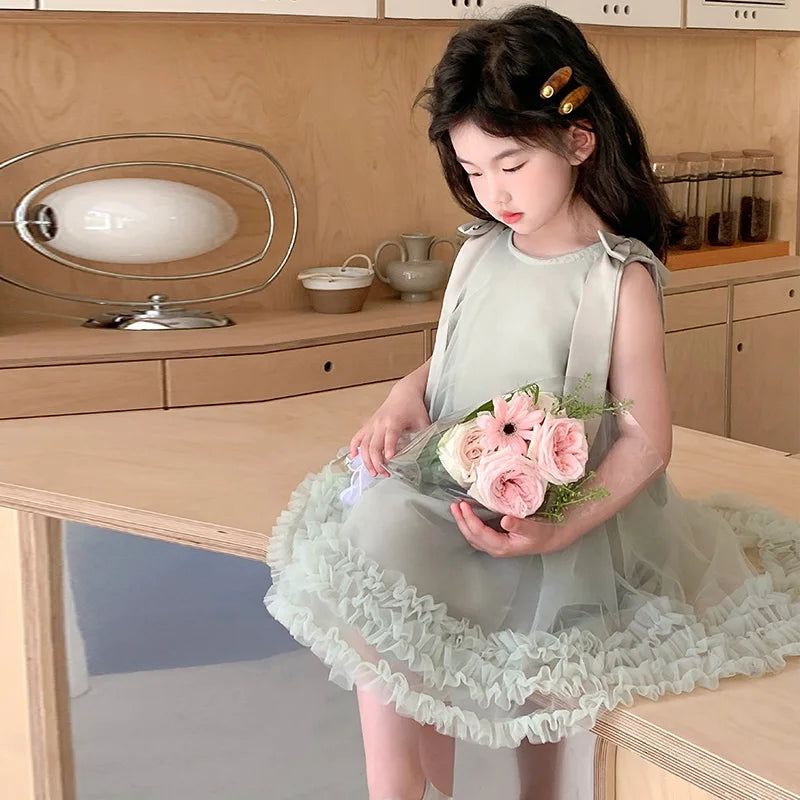 Korean Girls Party Dresses Edition Girls Sleeveless Bow Solid Color Sweet and Gentle Princess Dress Childrens New Trend