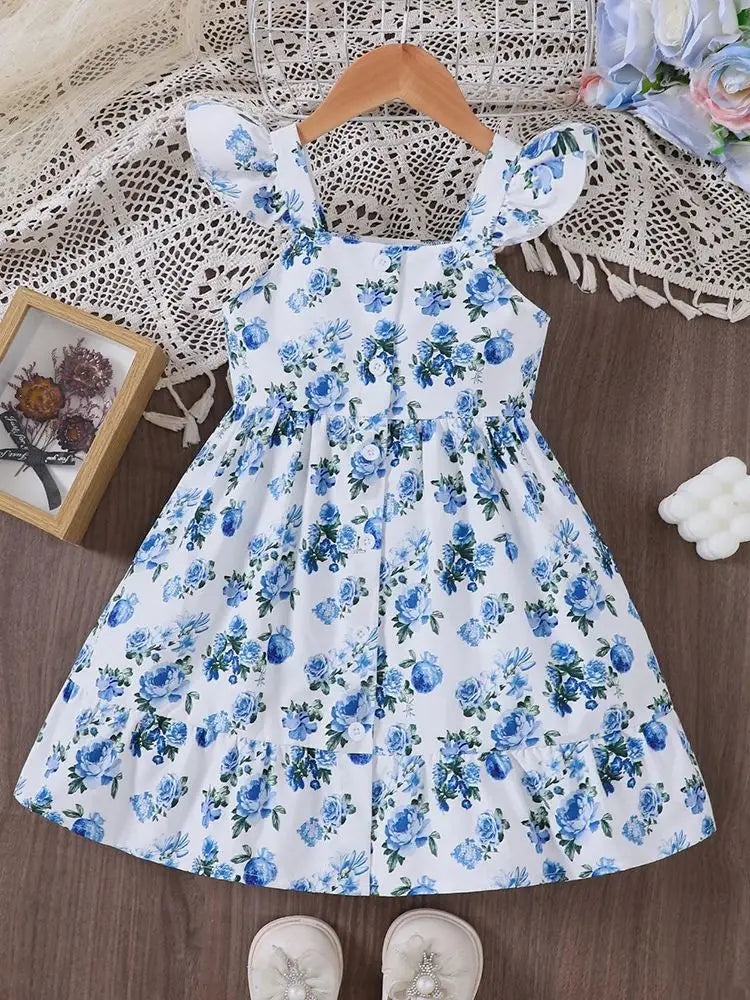 Girls' spring and summer new style sweet floral dress with flying sleeves