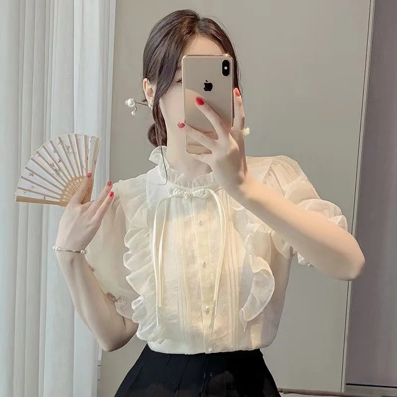 New Chinese Button French Ruffled Lace Gentle Chiffon Shirt 2025 Summer Fashion Temperament New Design Small Shirt Stylish Top