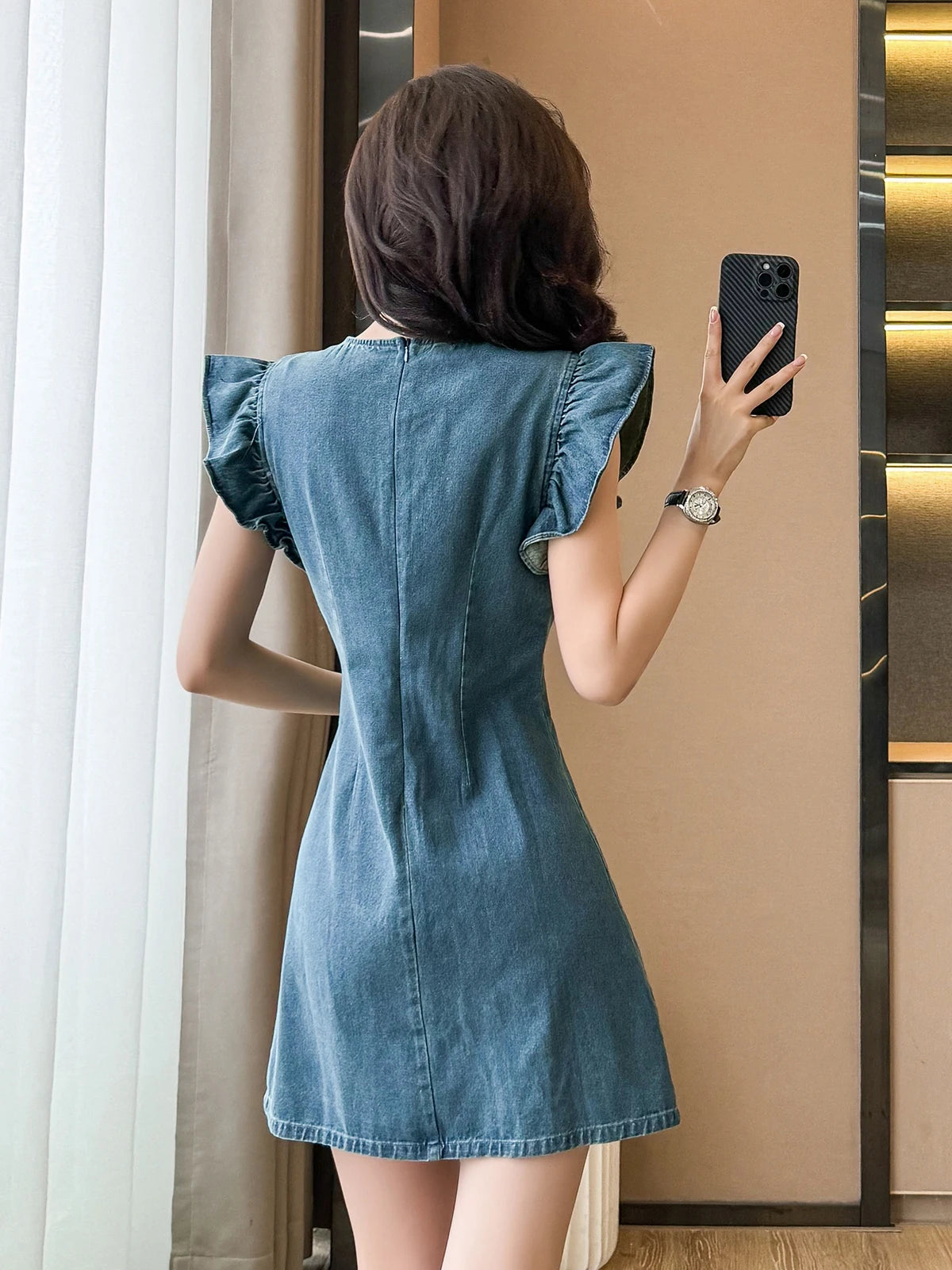 Women's ort Denim Dr A-Line Waist Cinching round Ne Button Sle High Waist Slimming Spring Summer Cotton Blend
