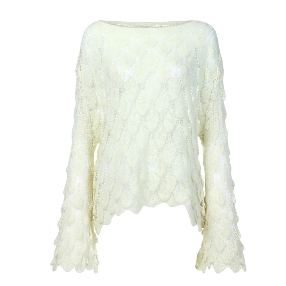 Hot 2026 Autumn Winter New European American Women's Fashion Hollow Loose Knitted Sweater Round Neck Trumpet Sleeve Head Sweater