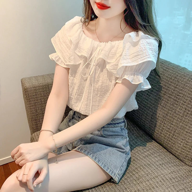 Short Sleeve Shirts Womens Mesh Pleated Pintucked Loose Tunic Casual Club Fairycore Trendy Urban Student Artistic Youthful