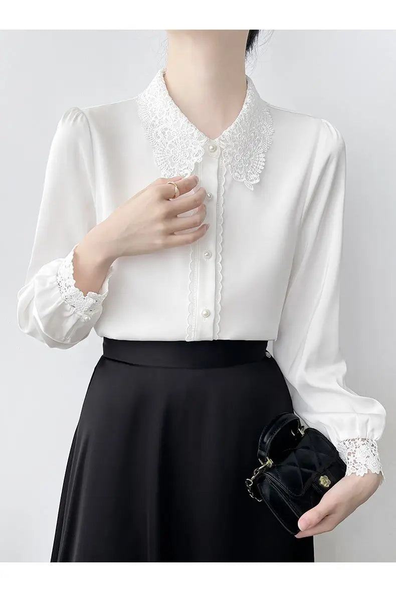 Lapel Lace Hollow Stitching Top Satin Shirt Women's Long-sleeved Temperament Autumn