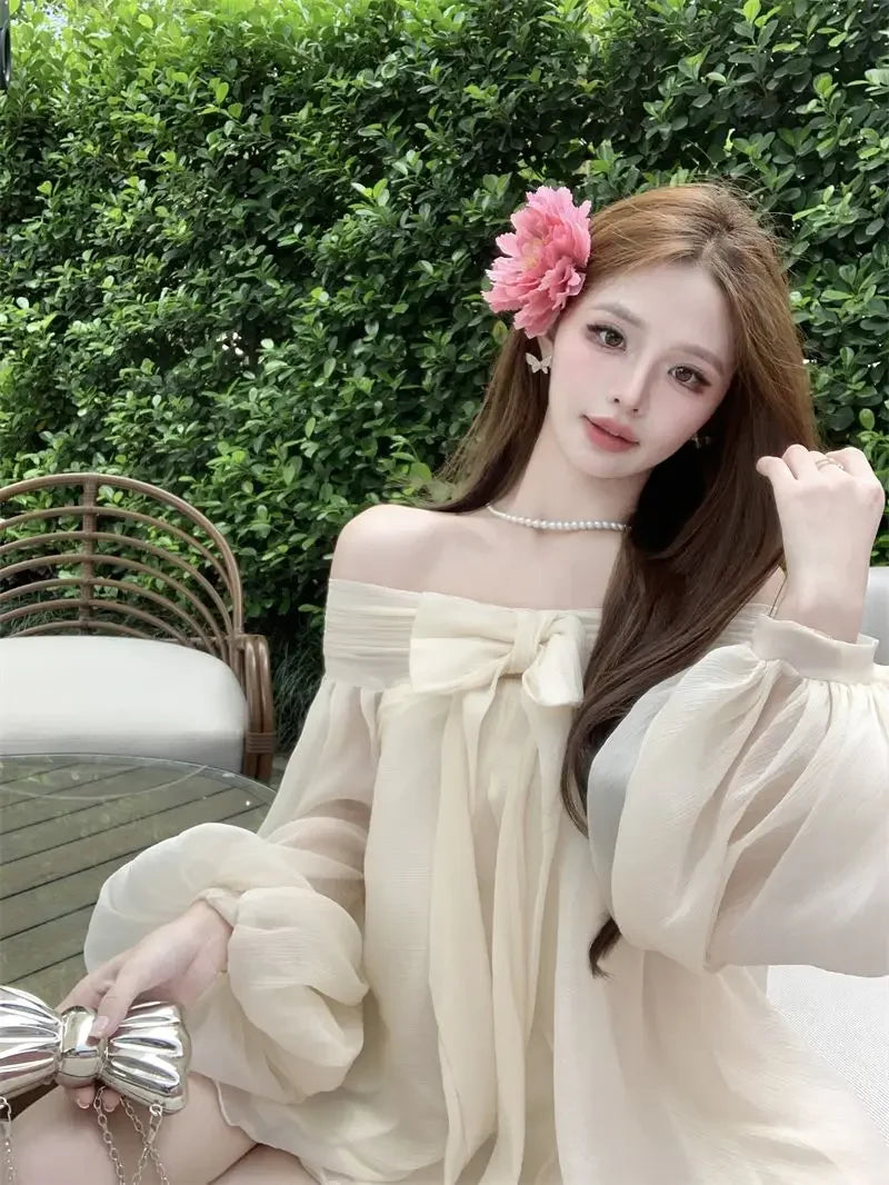 Bow Slash Neck Vestidos Off Shoulder Dress Sexy Sweet Vestido Fairy Mini Loose Dresses Spring 2026 New Long Sleeve Ropa Mujer