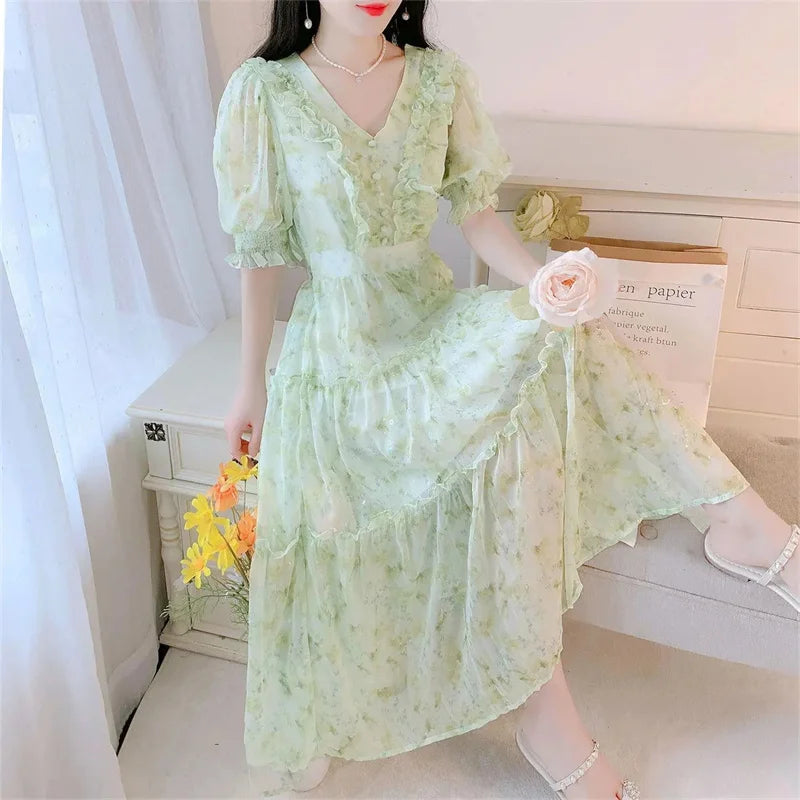 Boho Dress Women Floral Print Wrap Long Holiday Dress Ruffles Female Casual V-Neck Beach A Line Beach Dress Party Vestidos