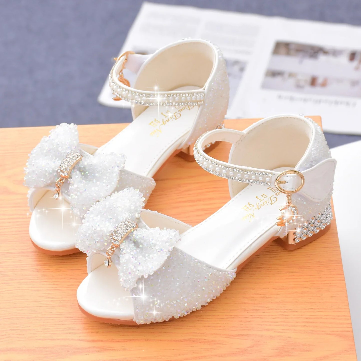 New Kids Crystal Bowknot Girls High Heels Soft Soled White Princess Wedding Performance Shoes