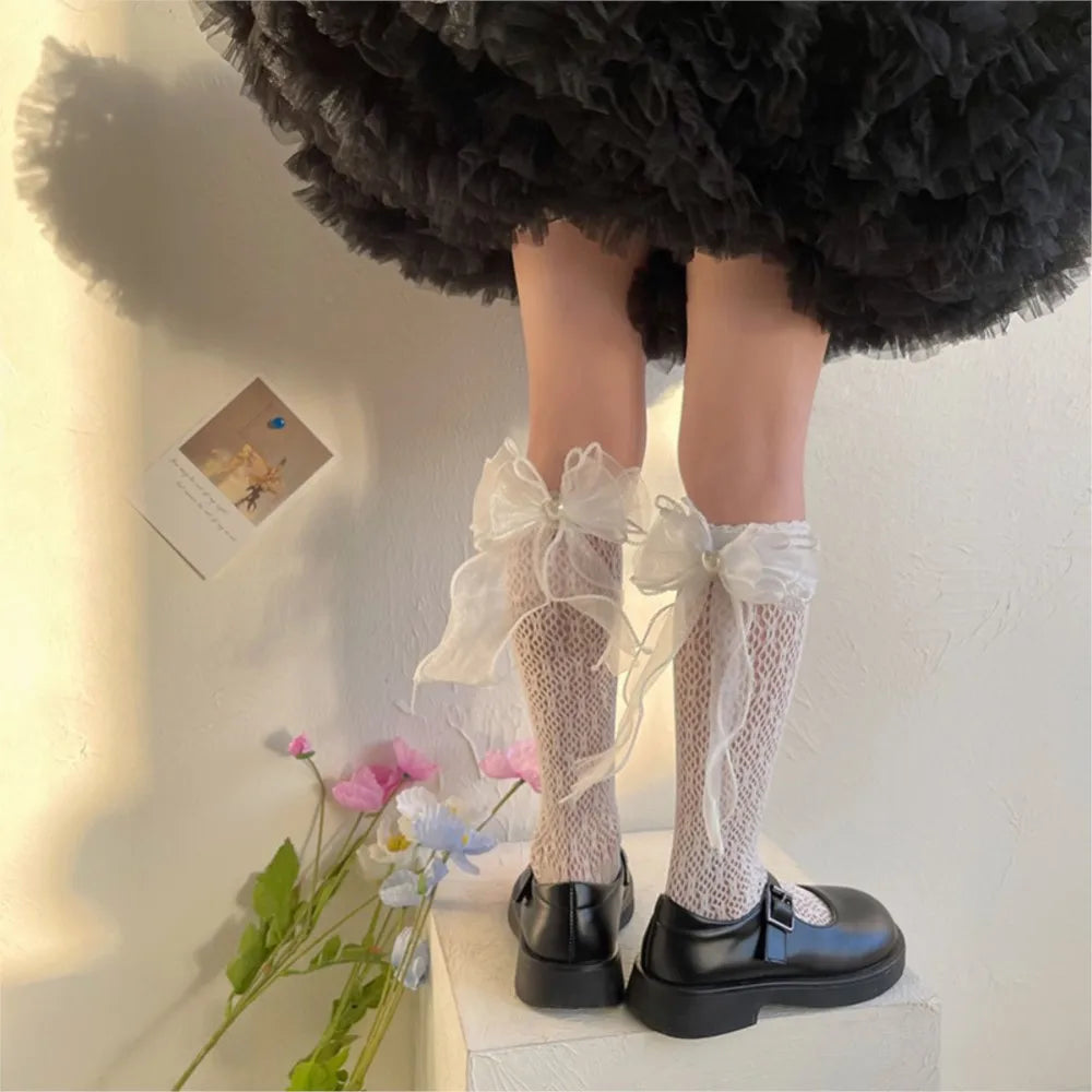 Thin Lolita bow girls' stockings in summer lace bud stockings Japanese princess straight calf socks