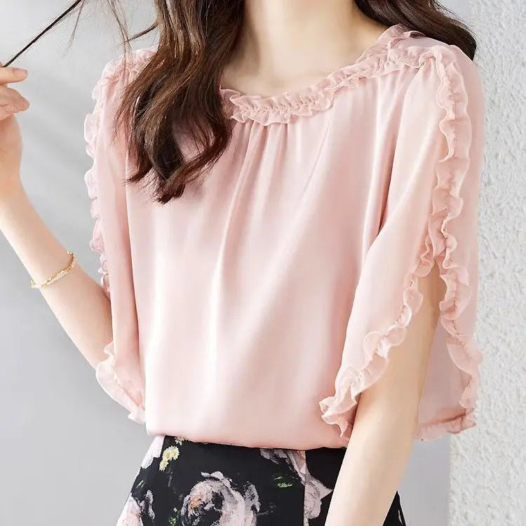 The Season Women's Fashionable Loose Short Sleeve Chiffon Shirt Slimming Cover Belly Versatile Top TT1479