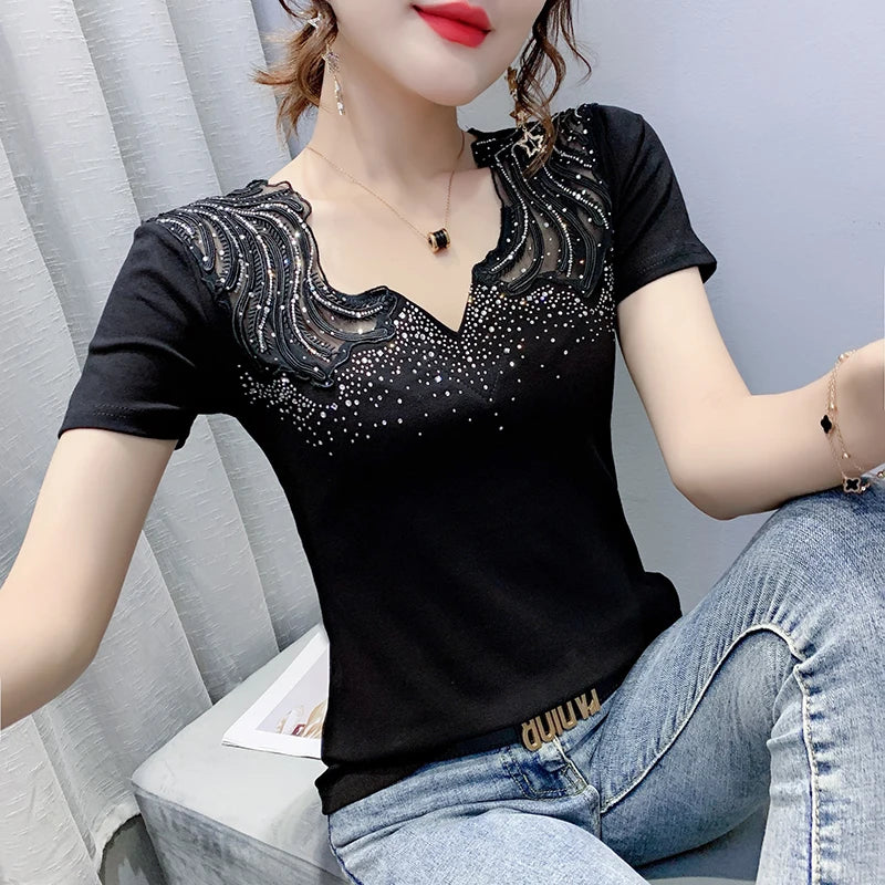 Sexy Hollow out V-Ne Rhinestone ort Sve T-irt Women Summer New Lace Me Top Trendy Anti-Aging Versatile Small irt