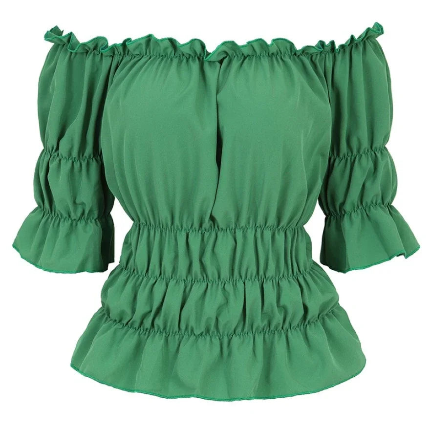 Women Renaissance Peasant Blouse Peplum Top Ruffle Sleeve Off-Shoulder Shirts 3/4 Sleeve Elastic Waist