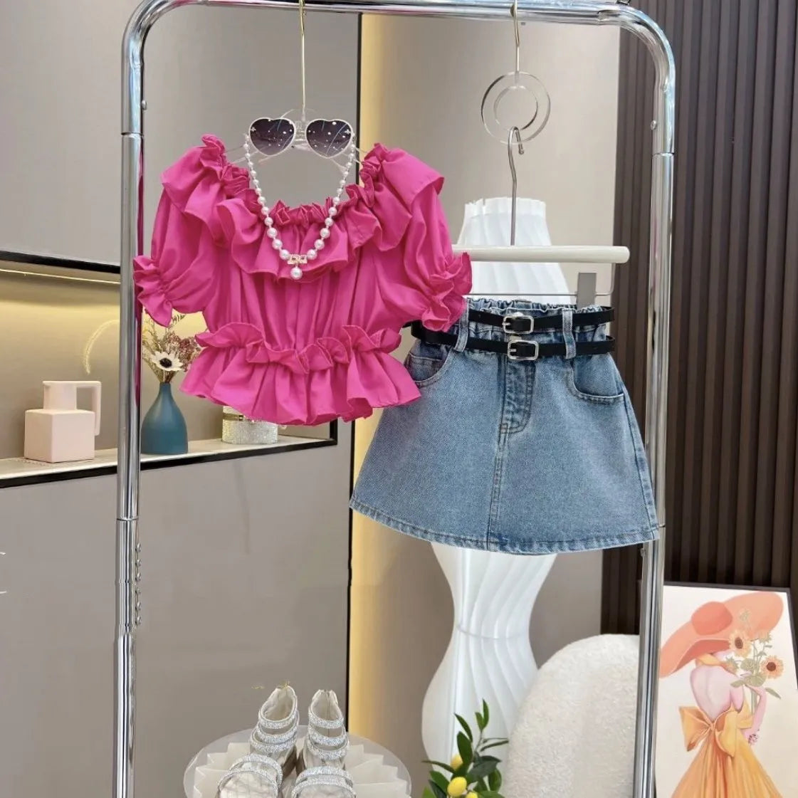 Girl's Clothing Sets Fashion Ruffled Top Short Sleeved T-shirt+ Baby Kids Denim Half Skirt Two-piece Set with Belt Included (Available)