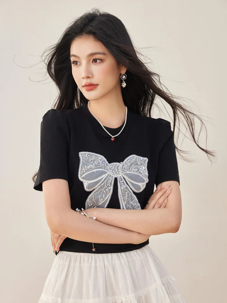 Summer New Sweet Short Sleeved T-shirt Women Fashion Bow Tops Harajuku Casual Simple T-shirt Y2k Top