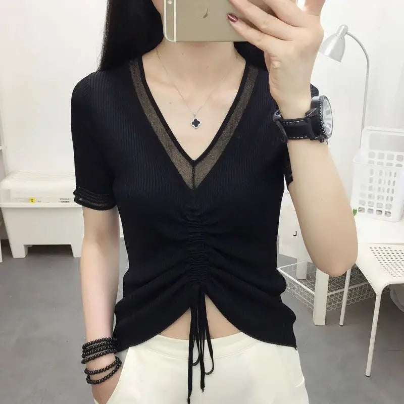 Ice Silk Short Sleeve T-shirt for Women in Summer New Thin V Neck Drawstring Solid Color Casual Tops Fashion Office Clothing