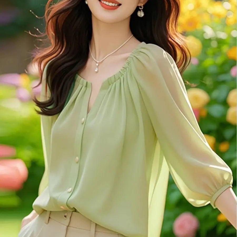 Chic Summer irt Women's Sle Korean Five-Quarter Sve Age-Defng Beautiful Faionable Good-Looking Chiffon Top
