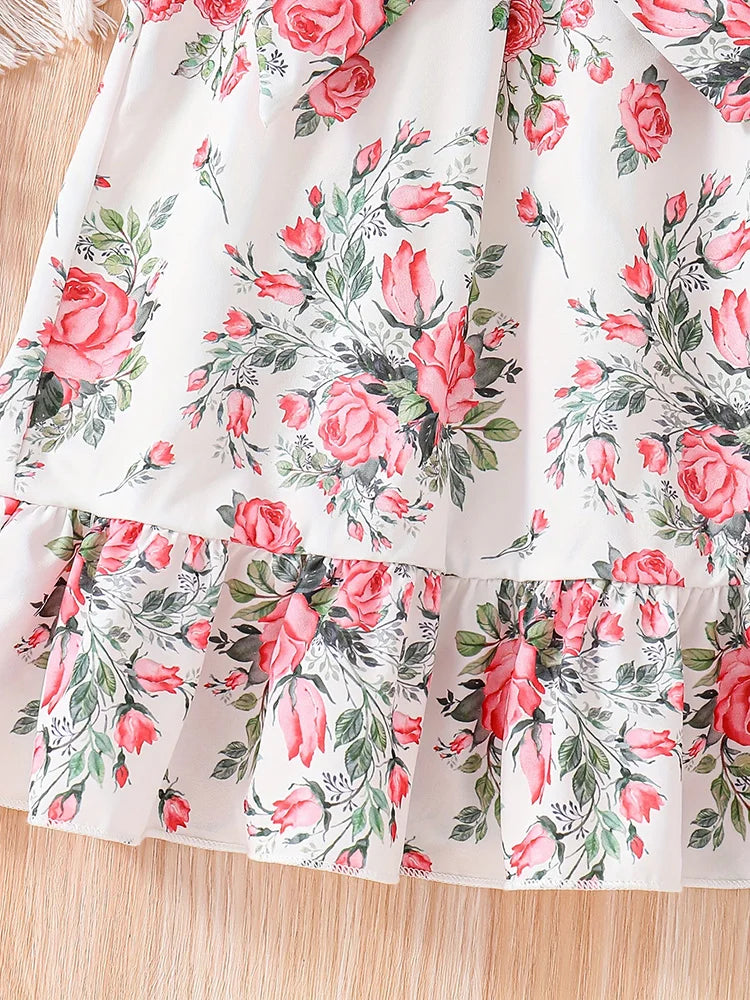 Girls' Summer Romantic Floral Pattern Spliced Dress Ruffle Hem Belt Casual Vacation Halter Dress
