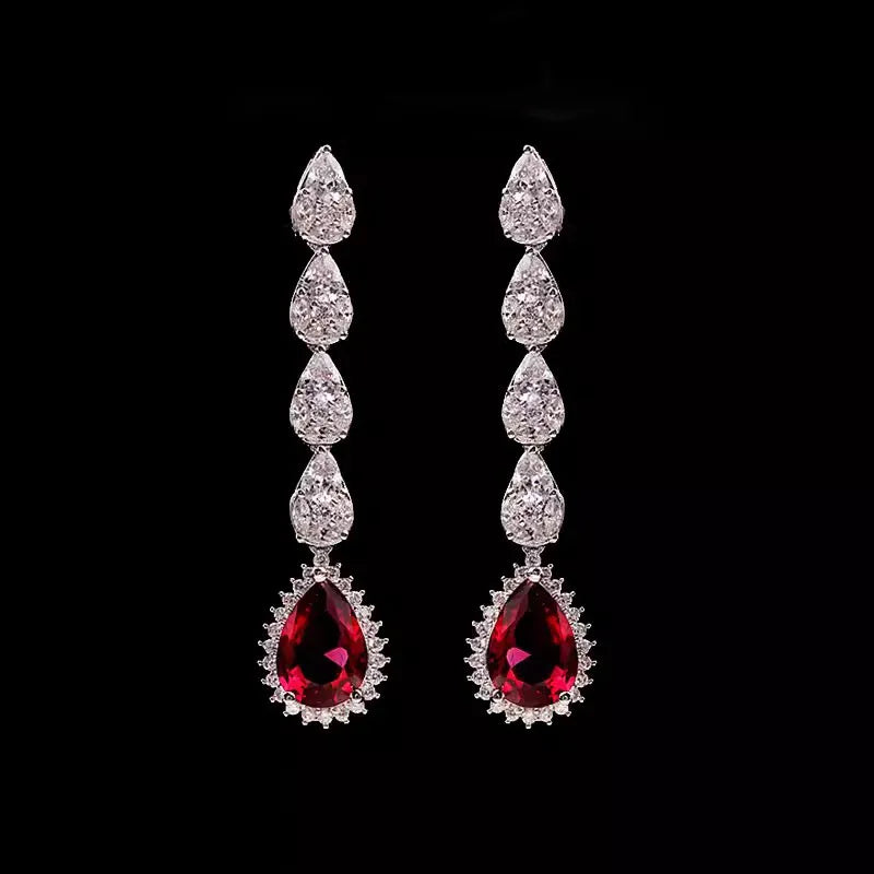 Luxury Evening Dress Accessories Pigeon Blood Red Ruby Tassel Necklaces Bracelet Earrings Rings 4-Piece Jewelry Sets For Women