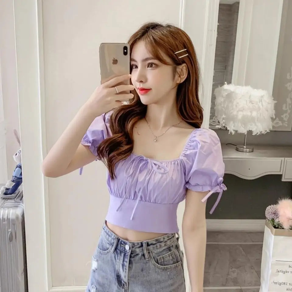 New Women's One-shoulder Lace-up Short Sleeve Waist-hugging Top