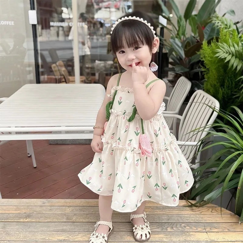 Baby Girl Summer Dress Sweet Floral Pattern Halter Dress Korean Version of The Lovely Baby Girl Princess Dresses
