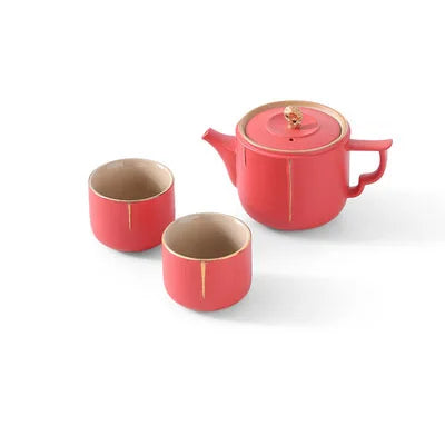 Traditional Chinese Tea Set, Porcelain Teapot, Stainless Steel, Tea Strainer, Cup, Bride and Groom Gifts, Traditional Red, Wed
