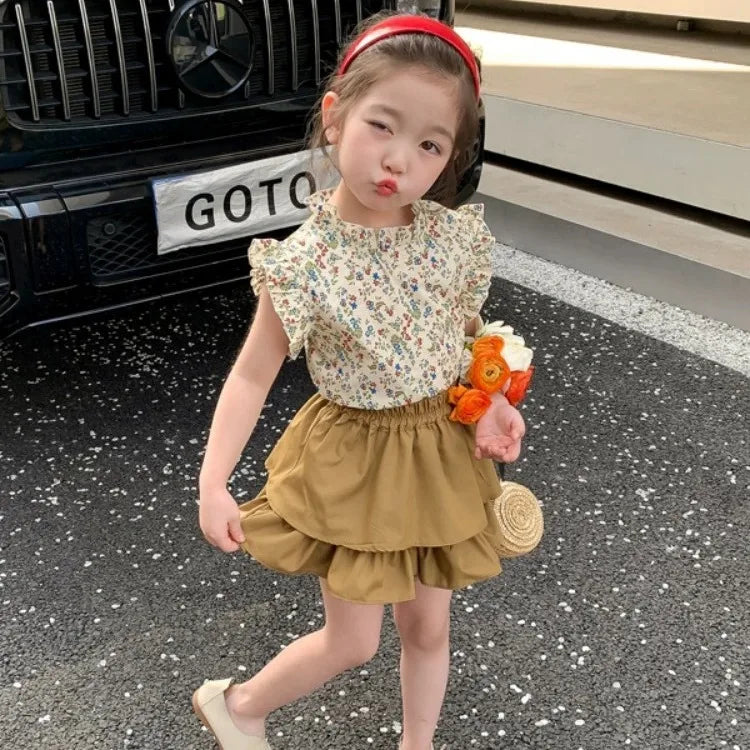 Girls' Set Summer New Children's Summer Dress, Baby Girl's Elegant Thin Fashion Children's Skirt Two Piece Set