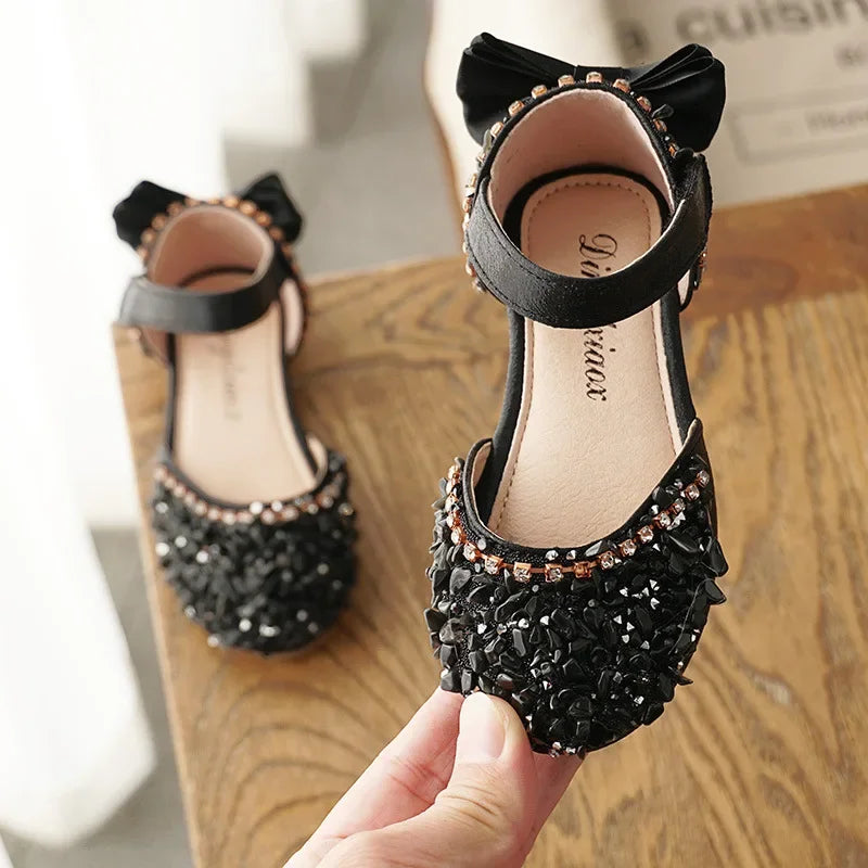 Girls' Sweet Leather Shoes with Back Knot Soft Sole Half Sandals Crystal 2025 Summer New Kids Princess Shoes for Party Wedding