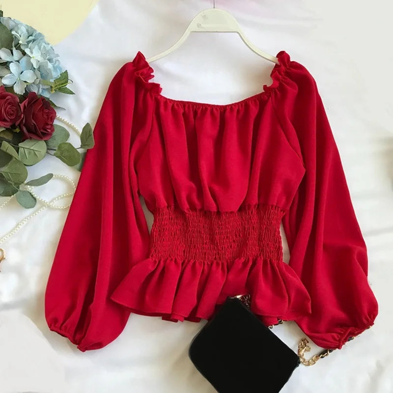 Spring Fall Korean Long Sleeve Chiffon Women Blouse Shirt Slim Sexy Slash Neck Ladies Shirts Womens Tops And Blouses JW9023