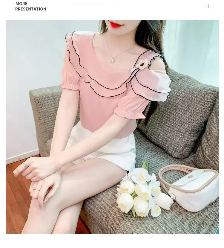 Sweet Slash Neck Off Shoulder Ruffles Blouses Female Clothing 2025 Summer New Loose Solid Color Korean Tops Puff Sleeve Shirts