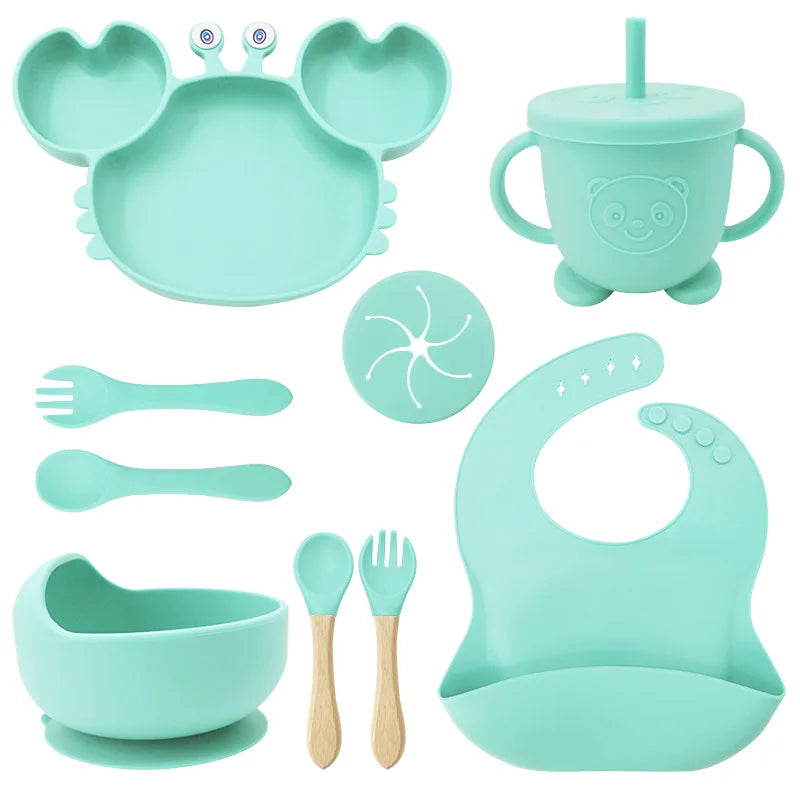 Baby Feeding Set 9PCS Silicone Crab Bowl Plate Spoon Fork Toddler Tableware Kids Dish Infant Utensils