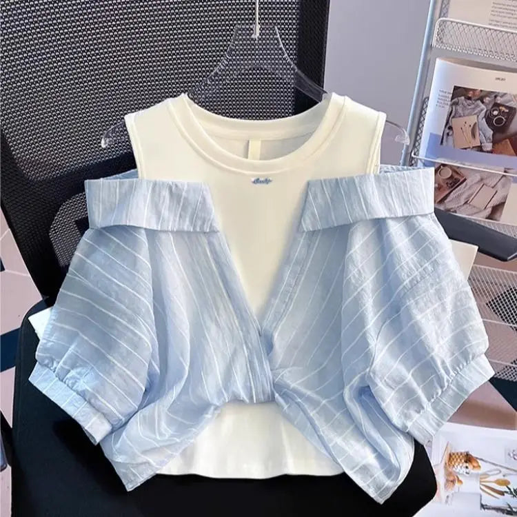 Girls' Western style loose fitting shirt new children's off shoulder top T-shirt fake two-piece top (Available)