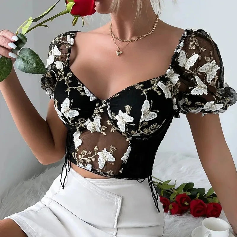 Women Summer Sexy Mesh Flower Embroidery Design Puff Sleeve Fishbone Corset Ins Style Slim-fit Sweet Spice Girl Short Crop Tops
