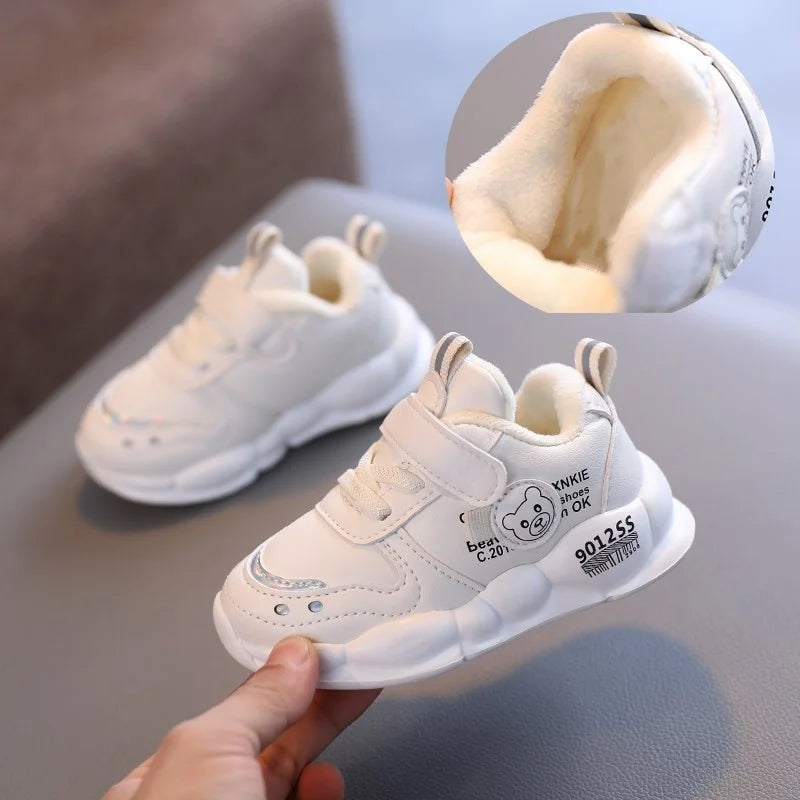 Autumn Winter Casual Shoes for Baby Boys Girls Plush Warm Kids Sneakers Solid Walking Shoes Toddler PU Leather Cotton Shoes