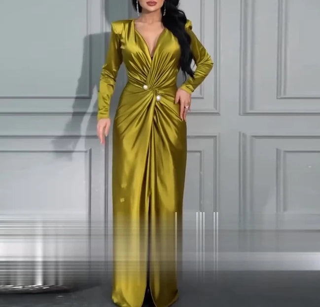 Elegant Party Women's Dresses Sexy Mature V-Neck Twisted End Waist Evening Dress Women's Luxury Evening Dress 2024 Long Dresses