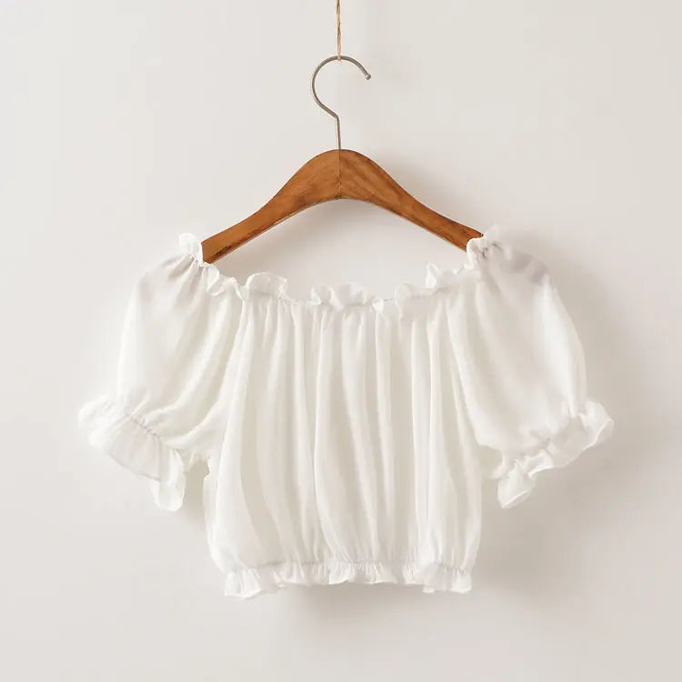 Summer New Lolita Sweet Off Shoulder Chiffon Shirt Female Short T-shirt Women Tops Student Lolita Bubble Sleeve Slim White Top