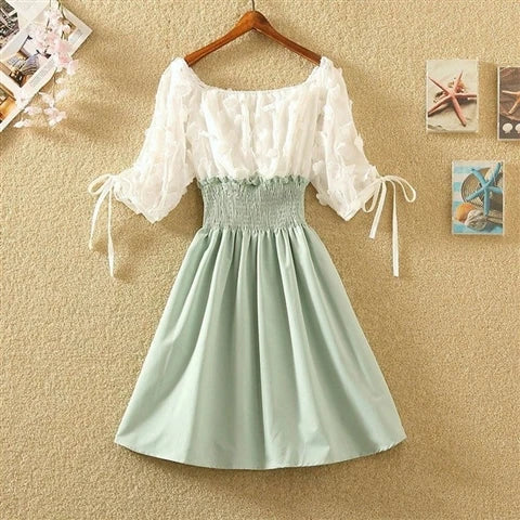 Women Summer French Style Elastic Waist Dress Korean Edition New Splicing Design Slim Half Sleeve Fairy Knee-length Dresses